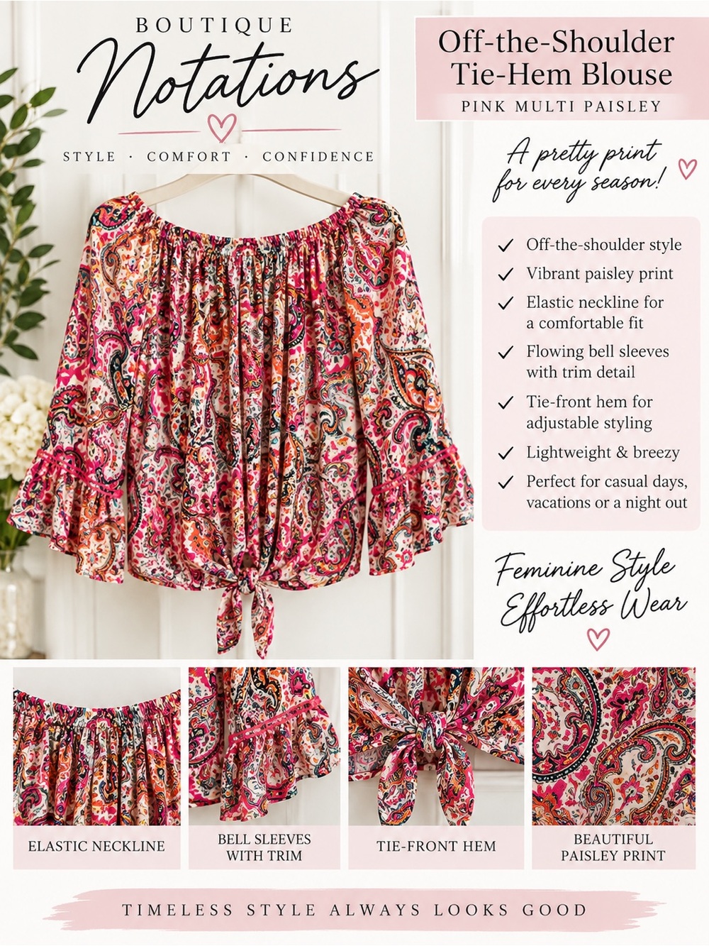Boutique Notations Pink Multi Paisley Off-the-Shoulder Tie-Hem Blouse